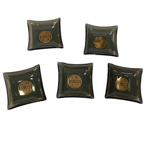 Vintage Ashtray Set Advertising Smoked Glass Gold Morgan Laundry Linen Service